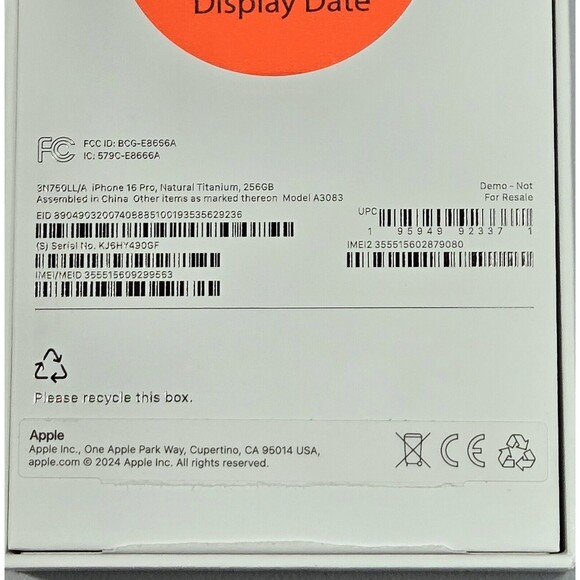 Empty Retail Box Apple A3083 iPhone 16 Pro Natural Titanium 256GB Demo Sticker - Picture 5 of 7